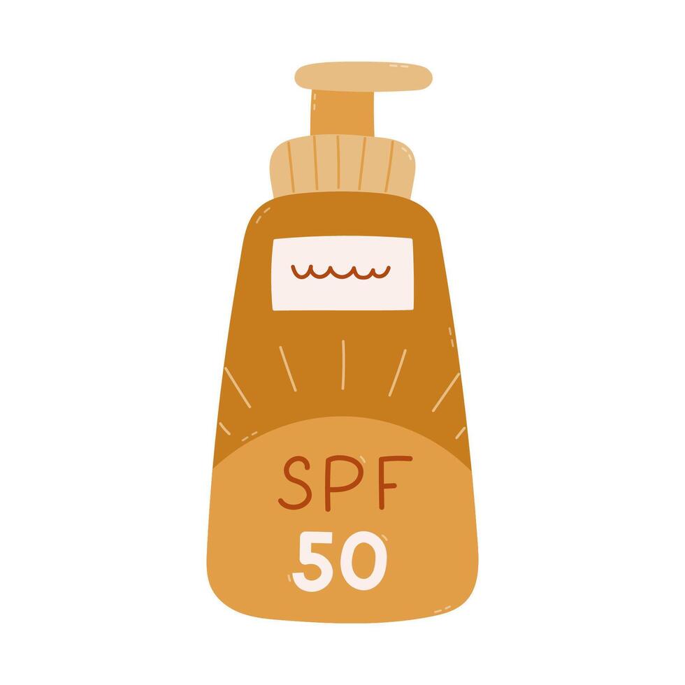 Lovely cartoon SPF 50 cream with pump and colourful label. Cute hand drawn sunblock for vacations, weekends at the beach. Sun and ultraviolet rays protection clipart isolated on white background. vector