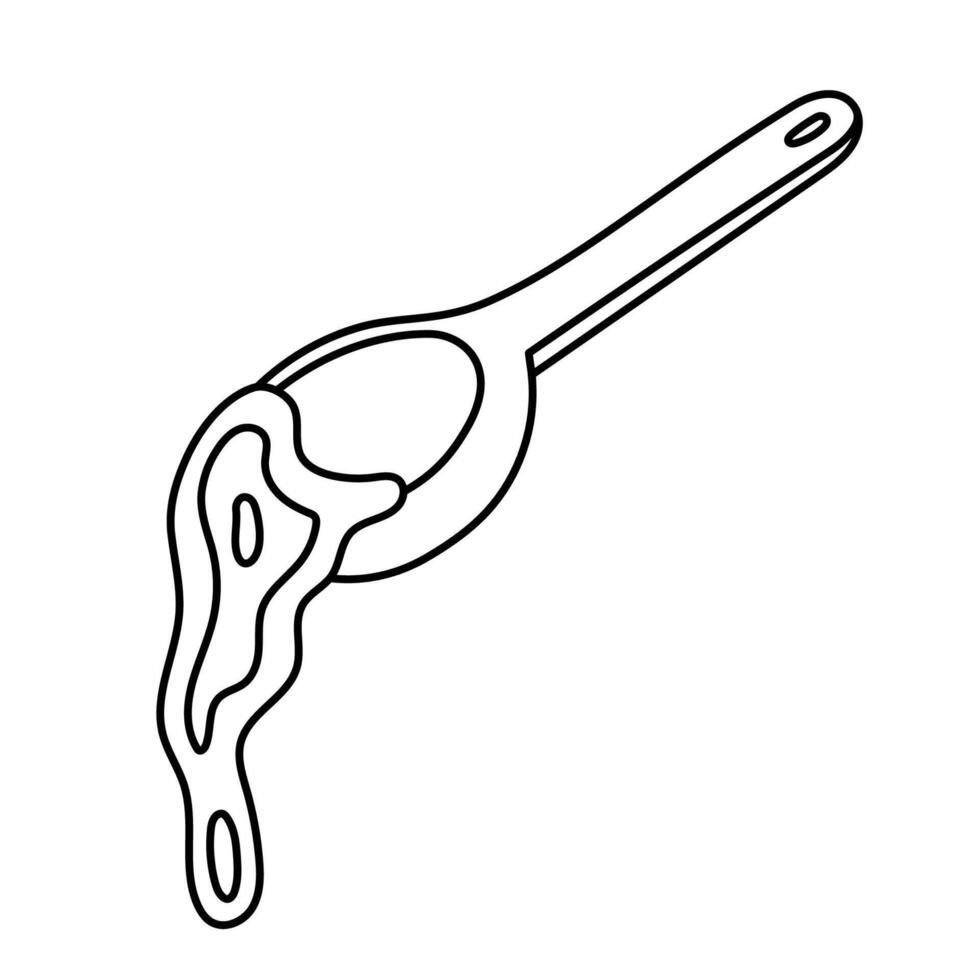 Lovely outline wooden spoon full of dripping honey. Childish hand drawn wood dipper with flowing sticky sweet syrup made by bees. Beekeeping, eco sweetener concept doodle isolated on background. vector