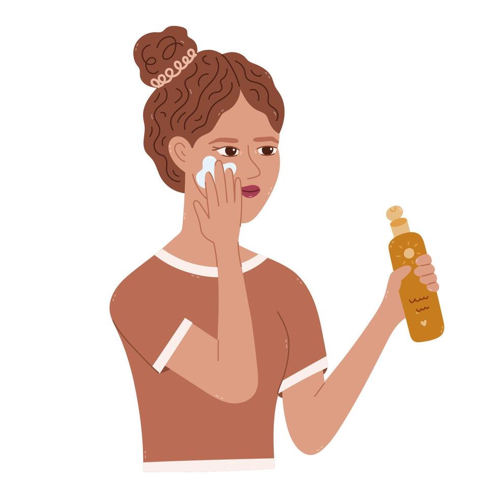 Lovely cartoon lady holds lotion of sunblock and apply it on face. Cute hand drawn young woman defend skin from dangerous ultraviolet rays, cancer and aging. Skin care clipart isolated on white. vector