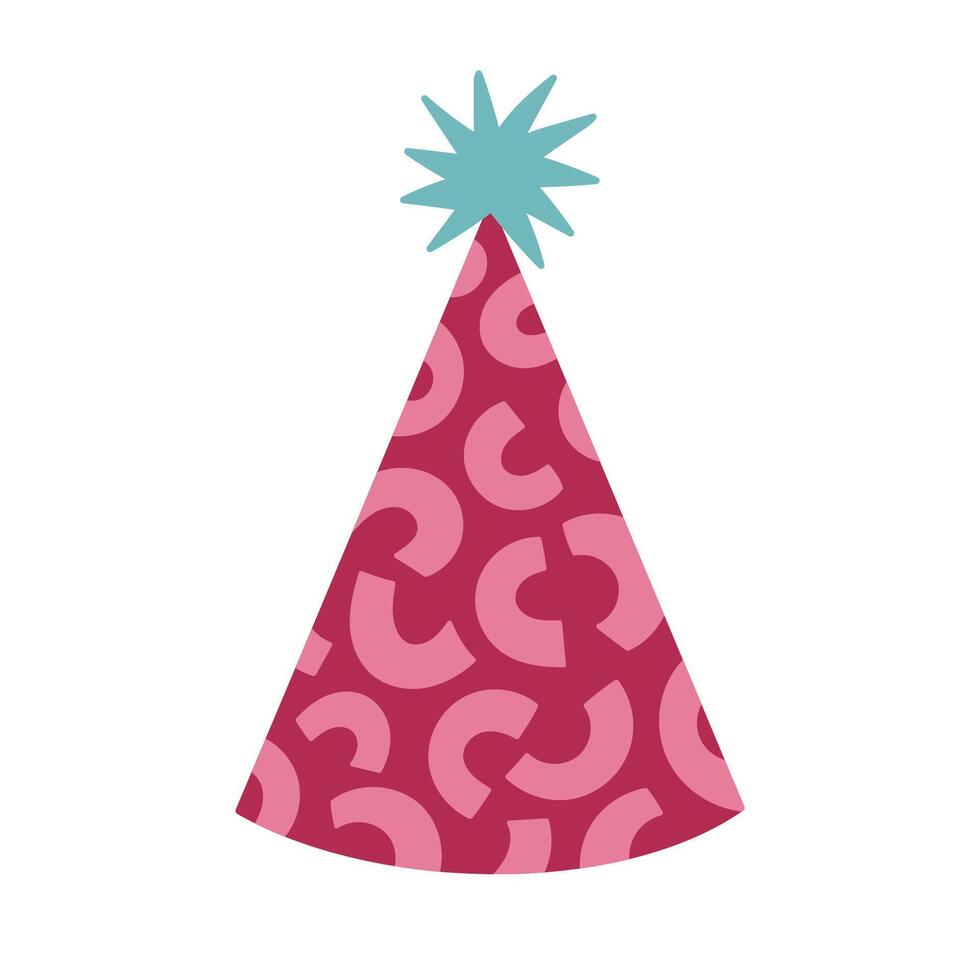 Lovely cartoon birthday party hat in vivid colors with star pompon and pattern with geometric shapes. Decorated party cone for clown, Christmas. Hand drawn flat Happy Birthday cap isolated on white. vector