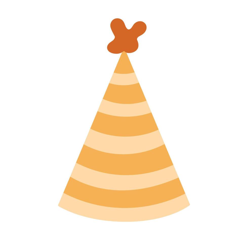 Lovely cartoon birthday party hat with abstract blob above and horizontal wide stripes. Striped party cone for carnival, anniversary, surprise. Simple flat Christmas cap isolated on white background. vector
