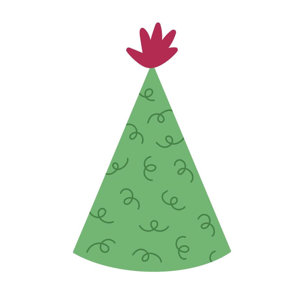 Lovely cartoon birthday party hat with pompon above and swirl and twirl decoration. Patterned paper cap with check for celebration, holiday. Colourful flat Christmas cone isolated on white background. vector