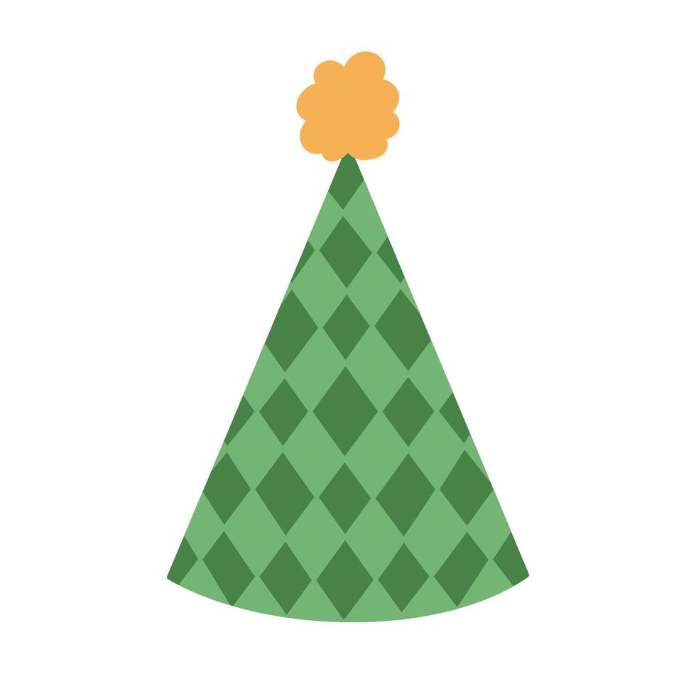 Lovely cartoon birthday party hat with fluffy pompon above and rhombus checkered ornament. Triangle paper cone with check for circus, carnival, clown. Colored flat New Year cap isolated on white. vector