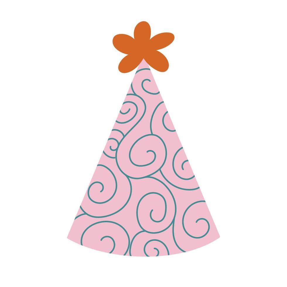Lovely cartoon birthday party hat with flower above and curvy lines decoration. Patterned party paper cone for celebration, festivity. Colorful flat New Year cap isolated on white background. vector