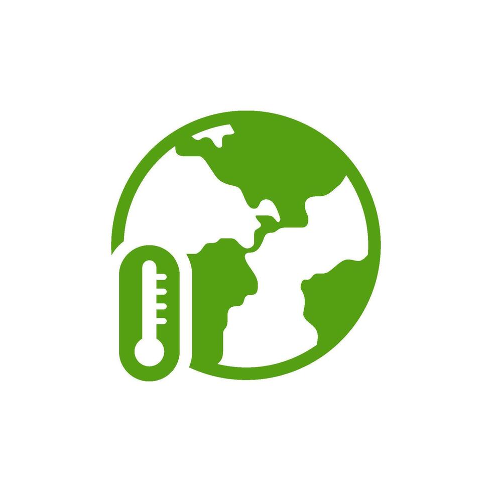 A vibrant green icon featuring the Earth along with a thermometer, symbolizing the importance of ecology and climate awareness, which is critical for our planets future and wellbeing vector
