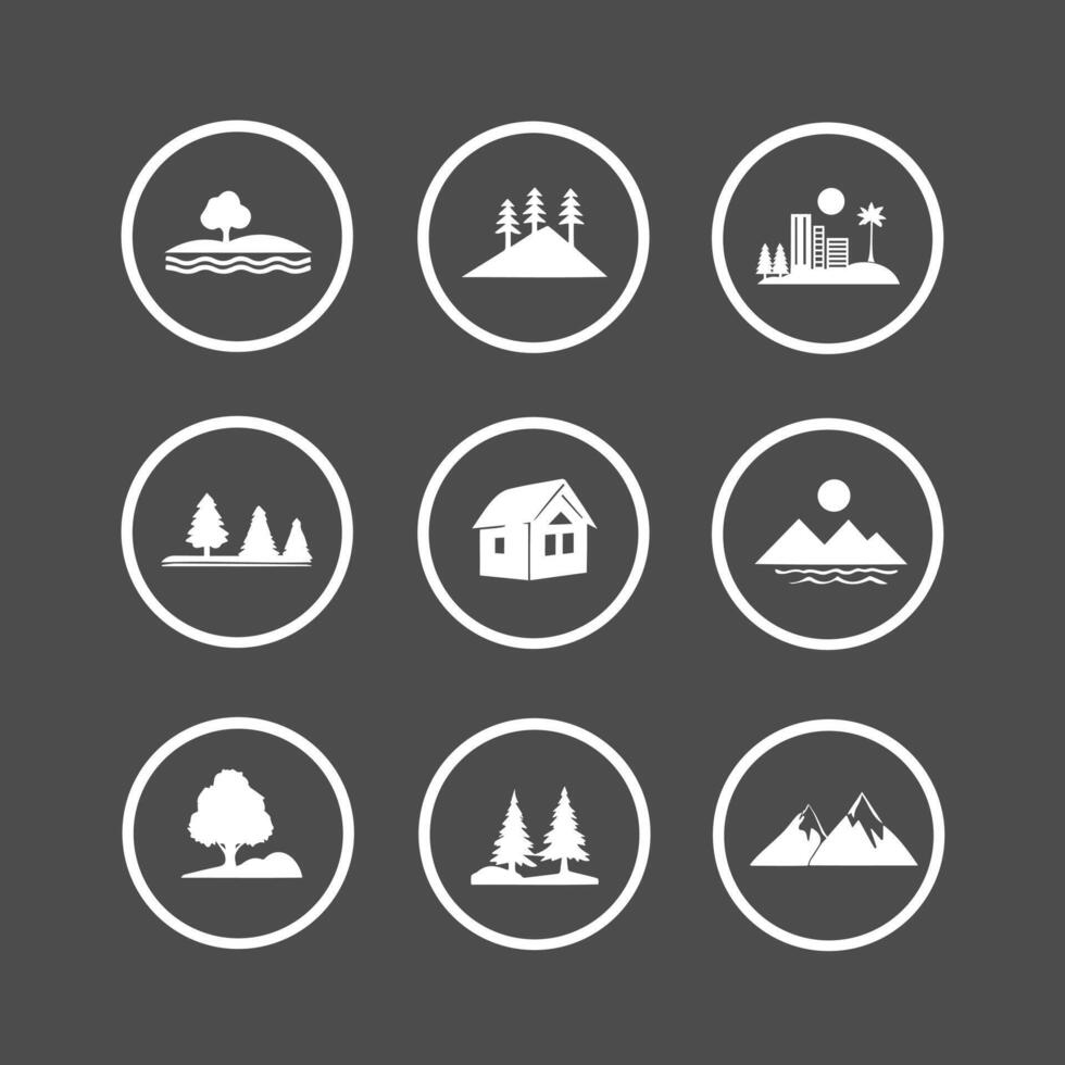Icon set of village Landscapes with Sun and Trees, Peaceful rural Nature Scene vector