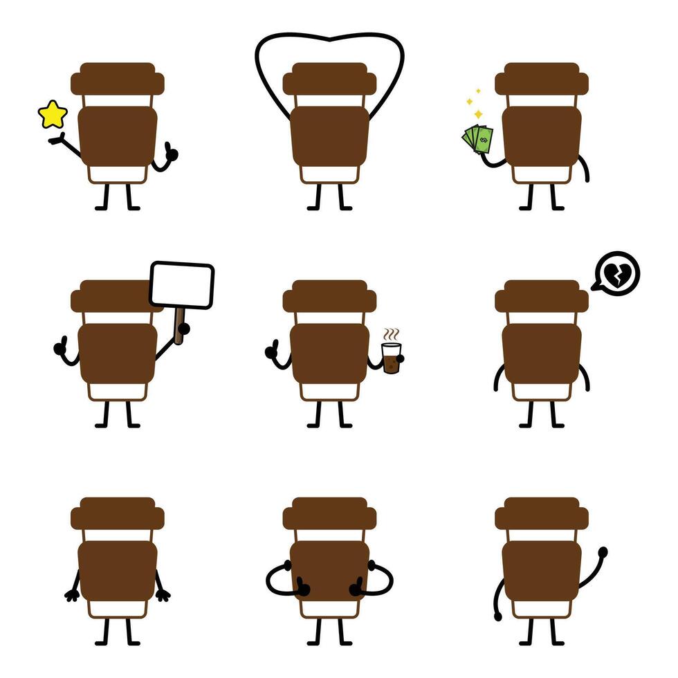 A set of coffee cup icons with different expressions vector