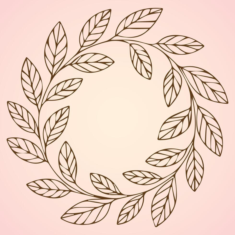 Botanical Circle background, Hand drawn leaves and Branches, Single Line Art, Elegant Decorated Frame Border, invitations greeting Card vector