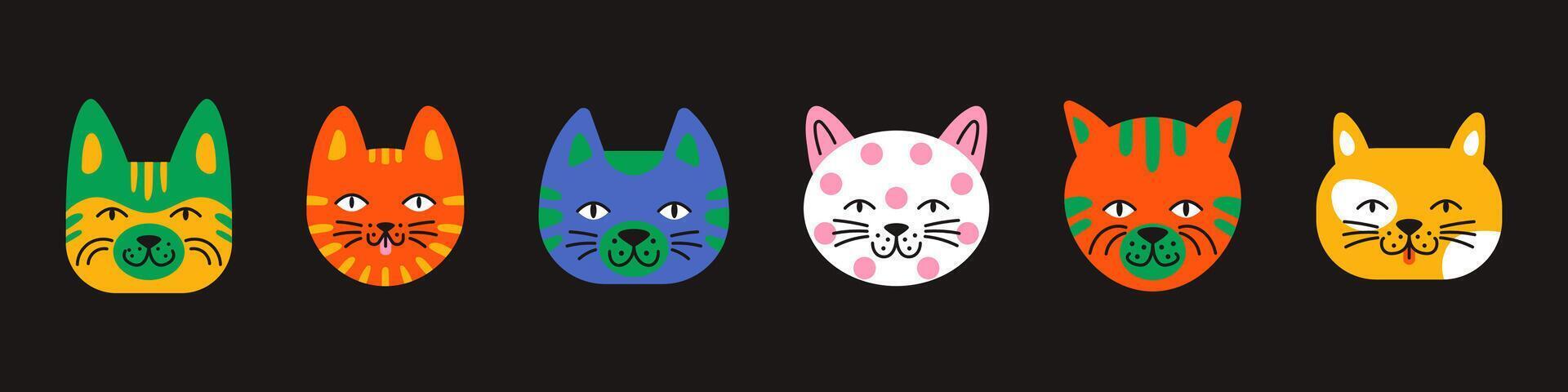 collection of cute fluffy kitten faces in vibrant colors. Happy smiling cat pet characters set for clipart, stickers and decor. Modern flat illustration style. vector
