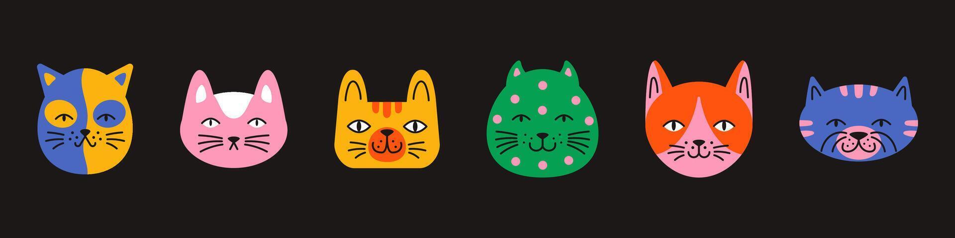 playful set of colorful cartoon cat heads with exaggerated funny expressions. Perfect for stickers, avatars and kids designs. Kitten avatars in flat style. vector