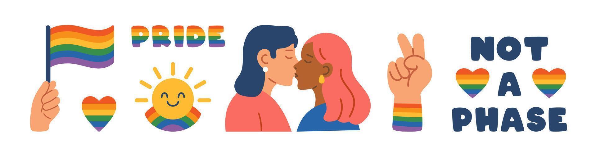 LGBT trendy clipart set. Colorful cute modern collection of LGBTQ Pride elements. Lesbian girls. LGBTQ flags, gender signs, hearts and other gay community objects in rainbow colors. vector