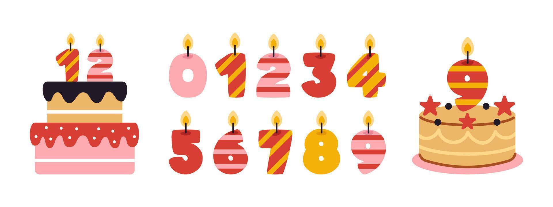set of cute burning numbers candles. Funny childish candlelights shaped like numbers and birthday cakes in flat design. Childish age year candles collection. Celebration party cakes. vector
