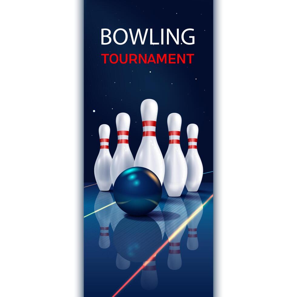 Bowling tournament poster with pins and bowling ball. The poster is made in blue and white colors. vector