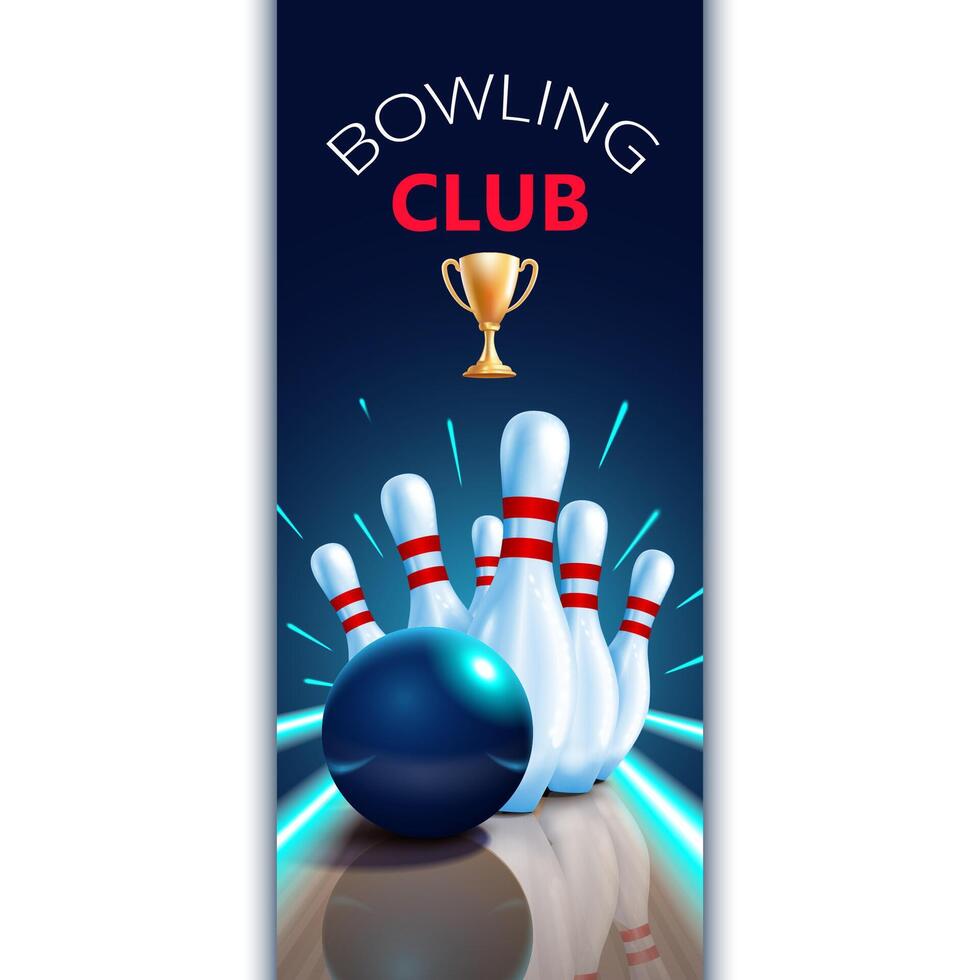 Bowling club poster with cup and pins. For advertising bowling tournament. vector
