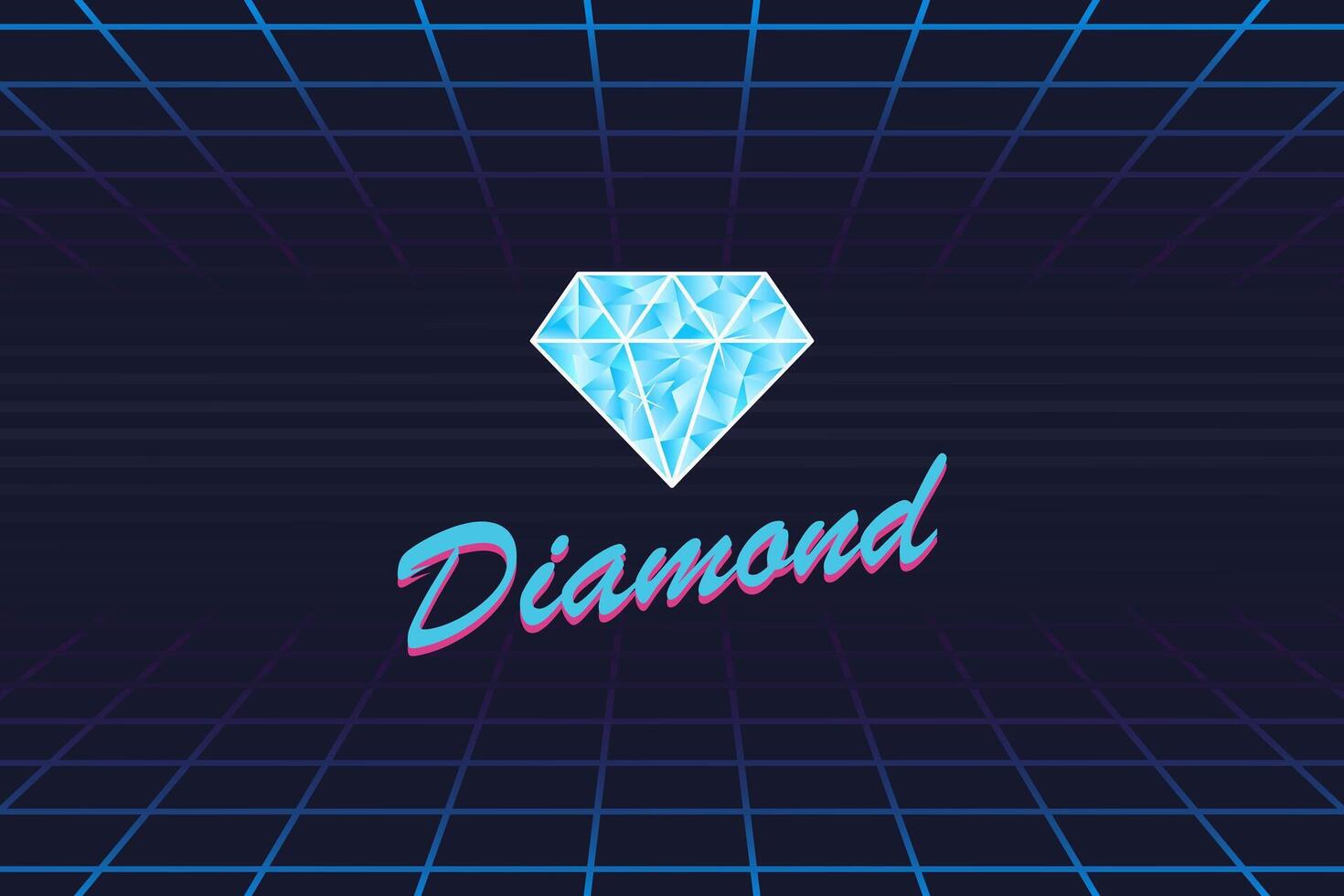 Colorful diamond icon on a black background, set against a synthwave vaporwave style laser grid. Retro futuristic abstract landscape illustration. vector