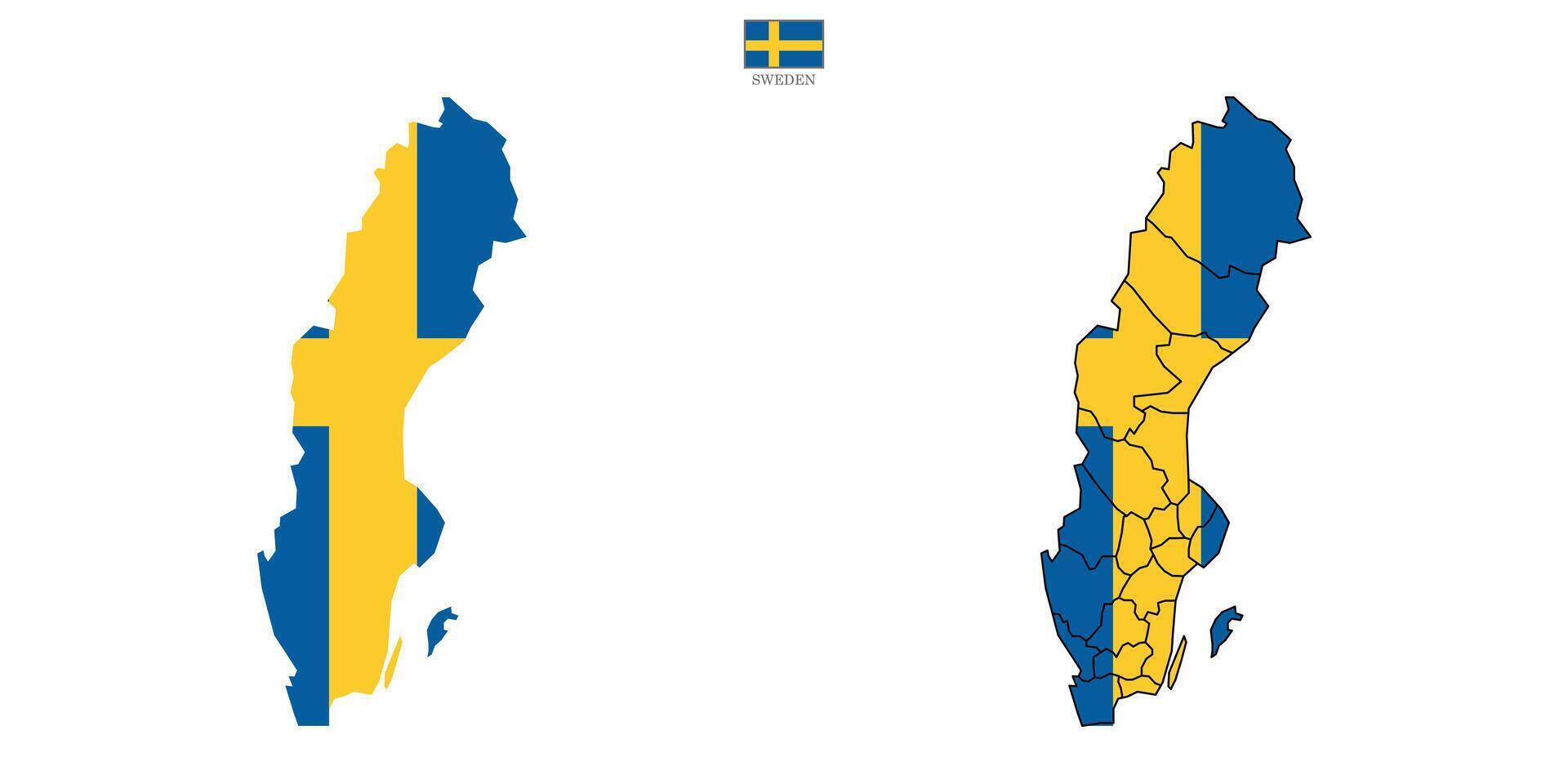 Double set map of Sweden with national flag with division to region. Sweden map isolated on white background. vector