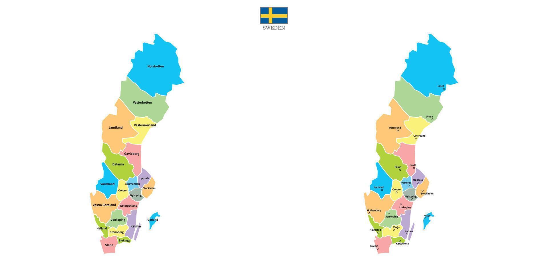 Double set map of Sweden with division to region on color. Flat design with national flag. Outline version on white background illustration. vector