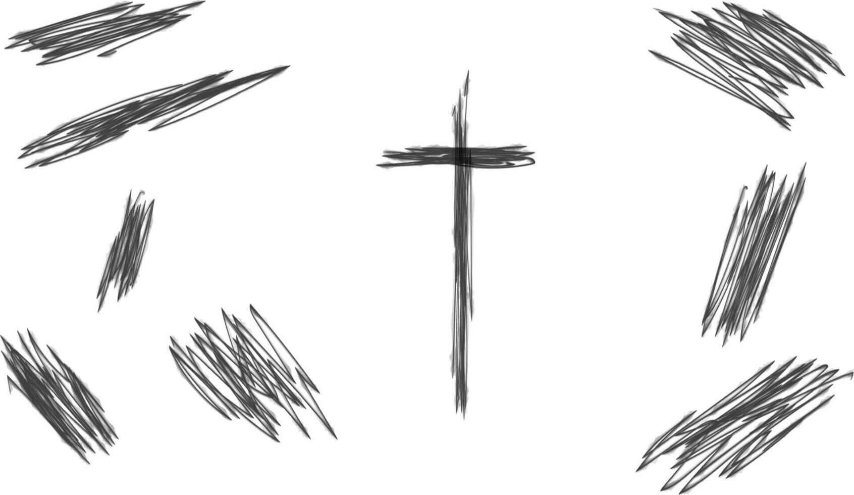 Black sketch illustration showcases diverse brush strokes surrounding a central cross, emphasizing artistic expression and spiritual themes through dynamic textures and forms vector