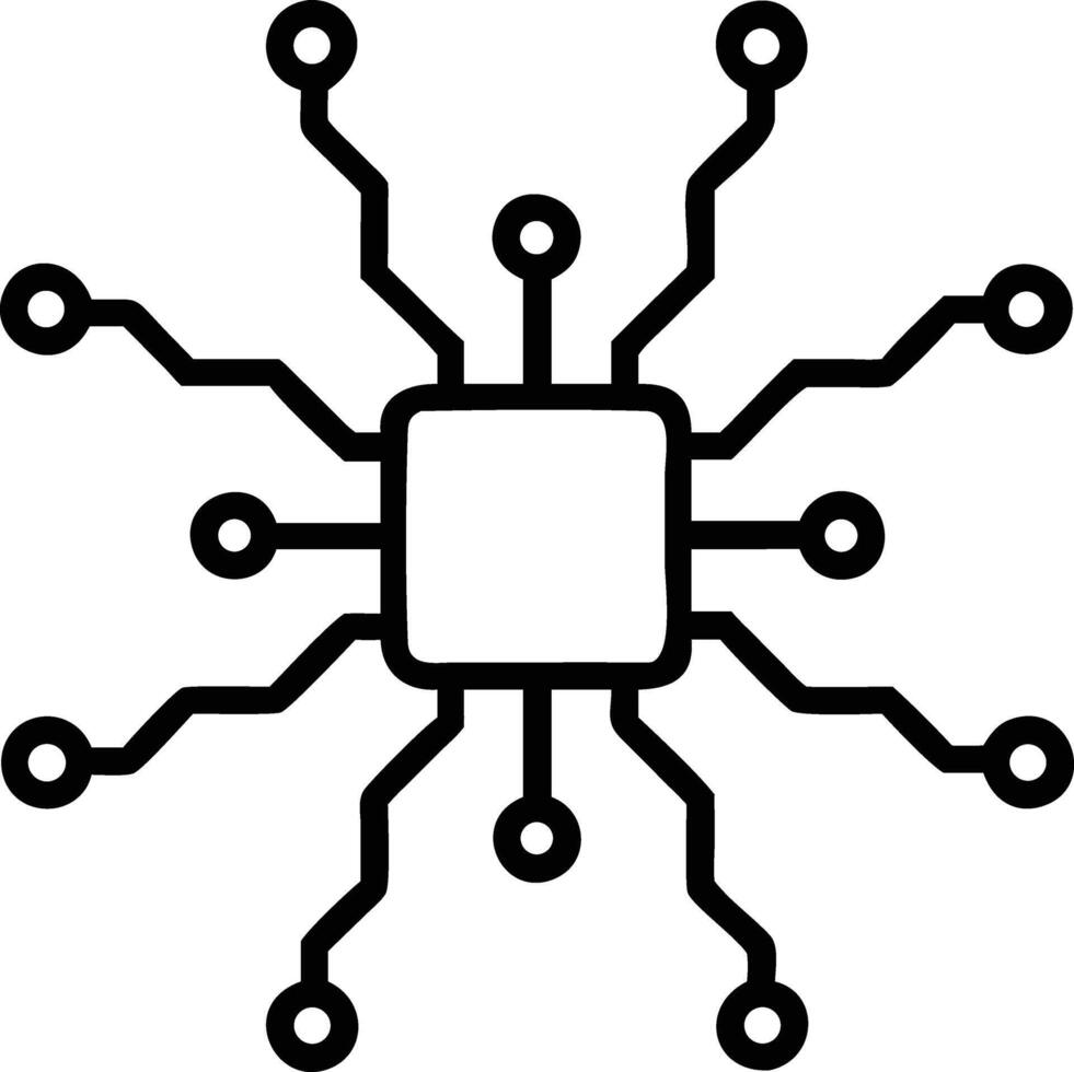 Illustration of a central processing unit or microchip with multiple connections around a square core vector