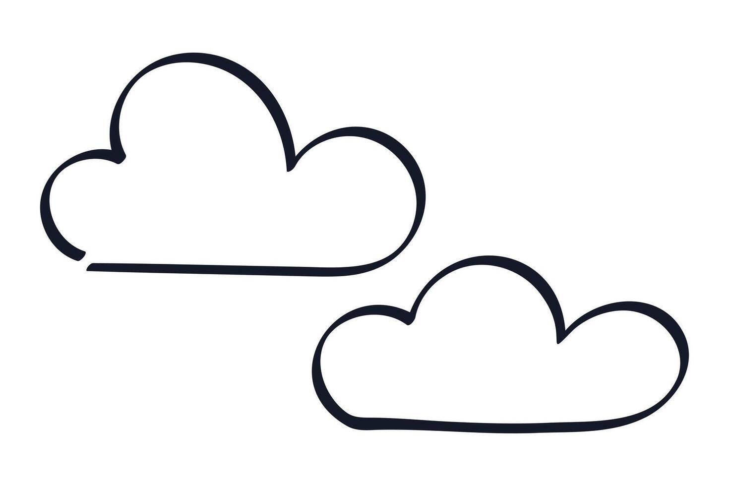 Doodle of two Clouds. Hand drawn marker sky Symbol. Outline Cloudy Weather. Curly line. Isolated black ink shapes. Simple Comic style. Childish image. Black and white Sketch icons. illustration vector
