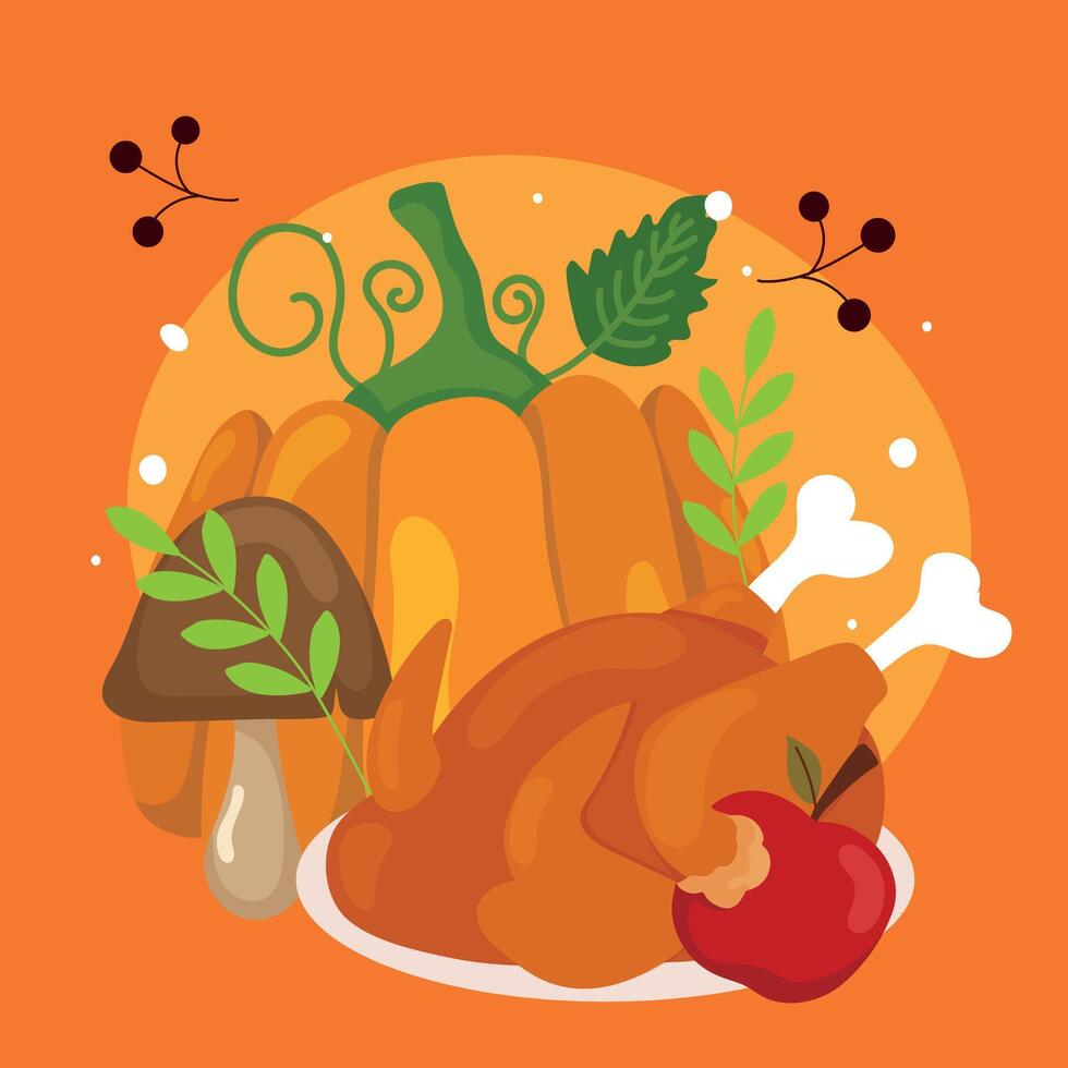 Pumpkin and turkey with greens. vector