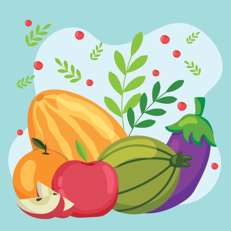 Melons apple and eggplant mix. vector