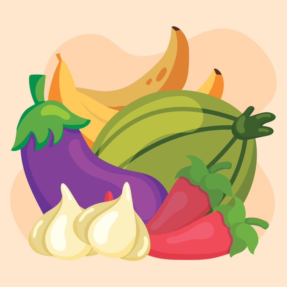 Melon banana and garlic combo. vector