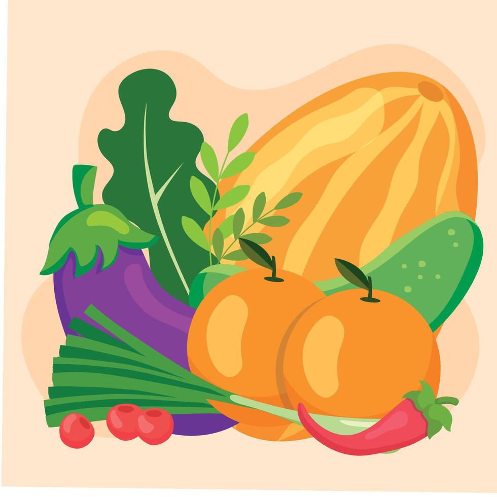 Oranges and eggplant with melon. vector