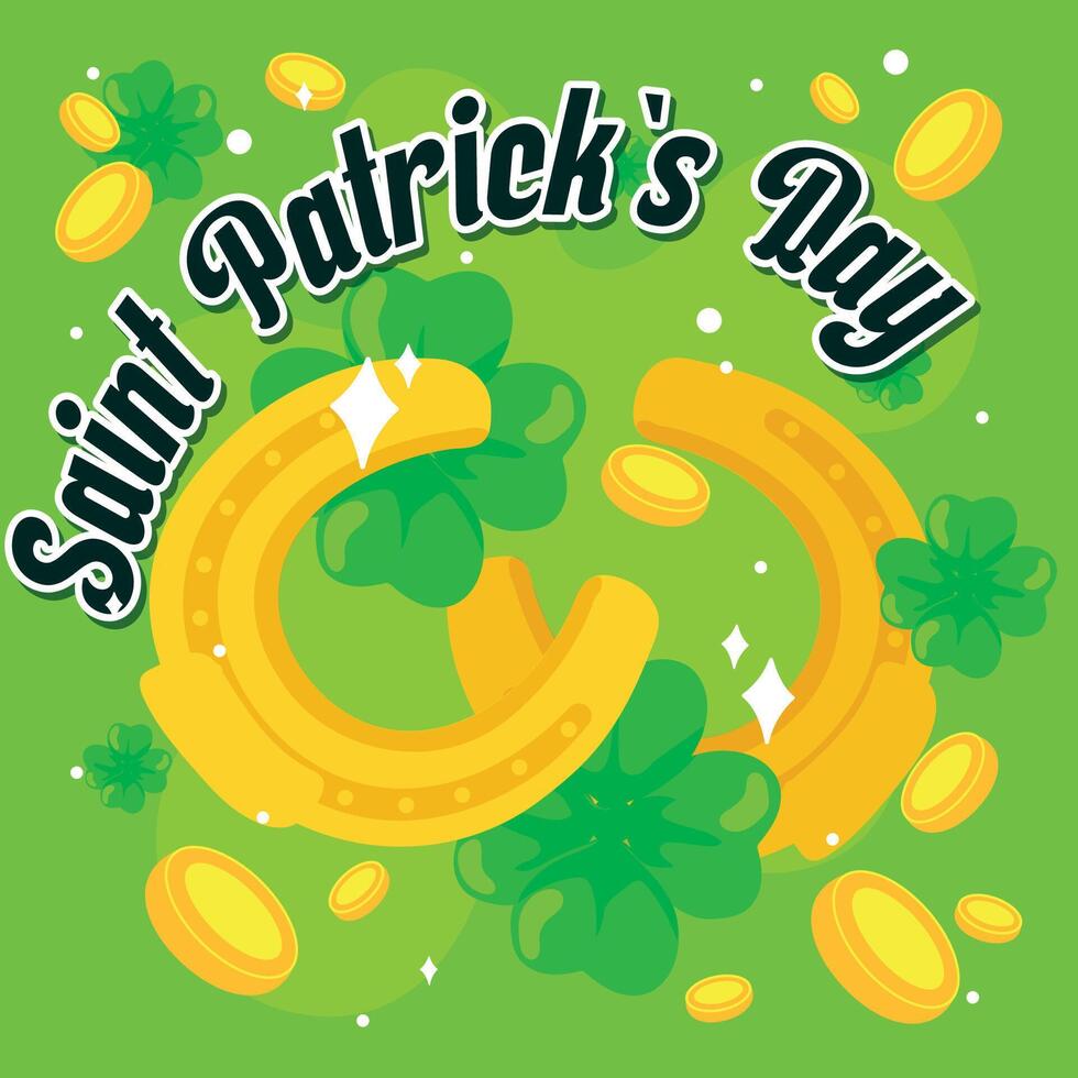 Golden horseshoes and clovers. vector