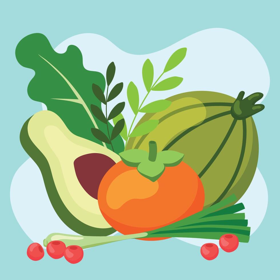 Avocado melon and persimmon set. vector