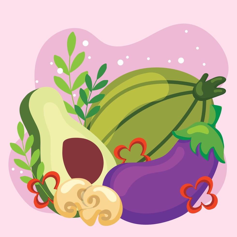 Avocado eggplant and melon mix. vector