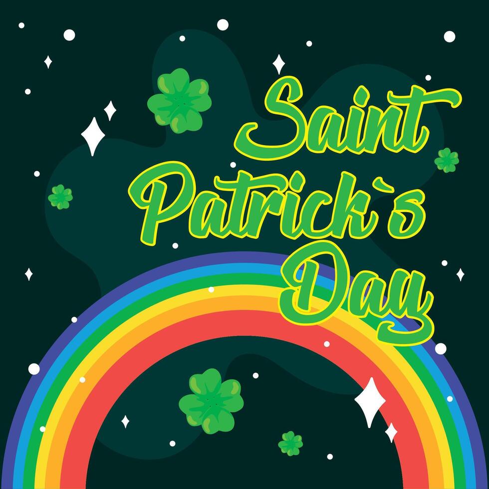 Rainbow and clovers night scene. vector