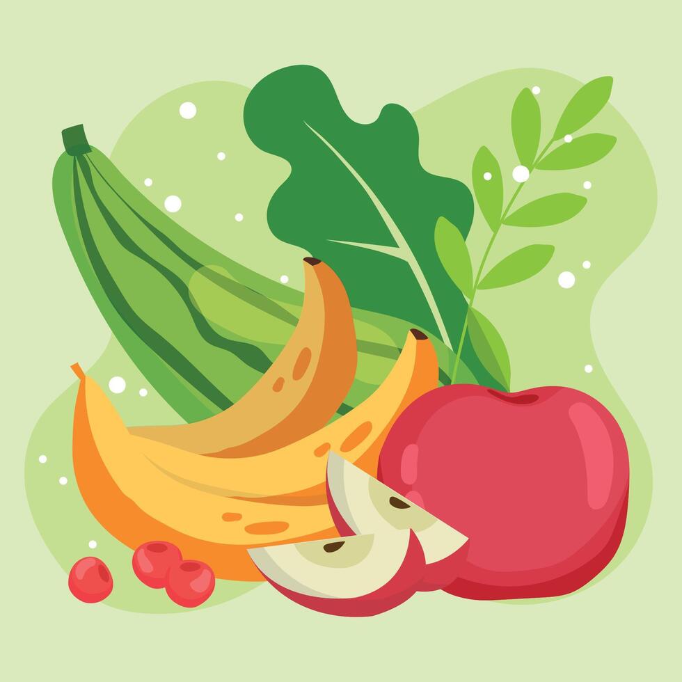 Bananas and apple with greens. vector
