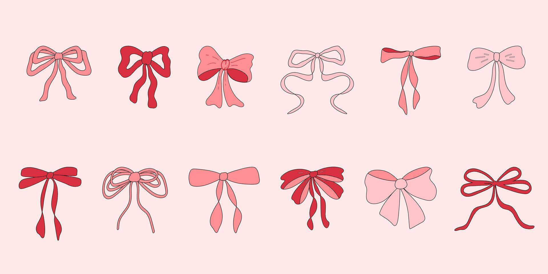 Simple hand drawn cute coquette aesthetic pink ribbon bow collection. Bowknot for decoration, big set of pinky bowtie. Large retro hand drawn ribbon illustration set. gentle gift ribbons vector