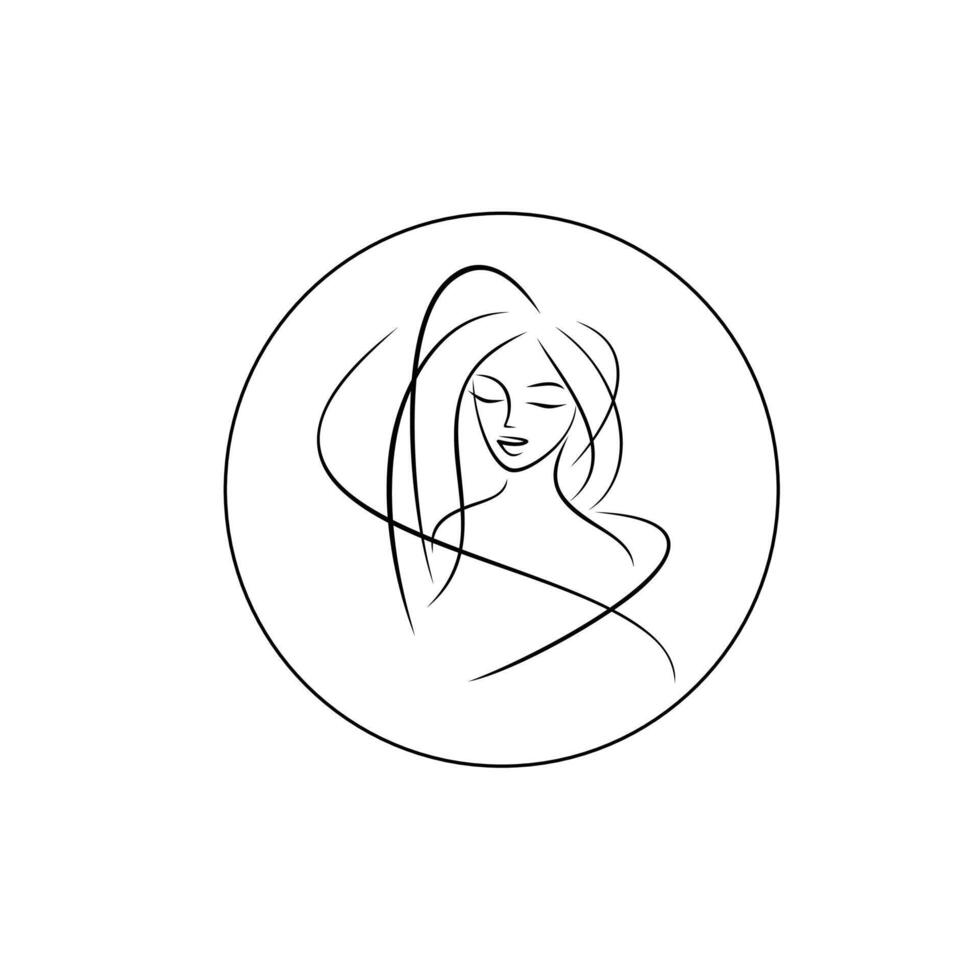 girl round logo made of thin lines in flat style. young woman minimalist brush drawing, sketch made of delicate lines. icon motherhood, beauty salon, cosmetology vector