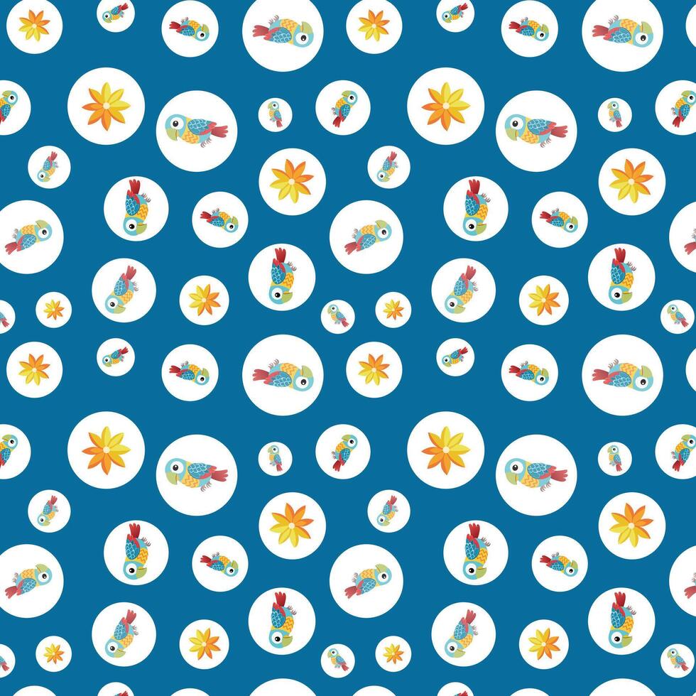 Vibrant Parrots and Tropical Flowers on Blue Pattern Background vector