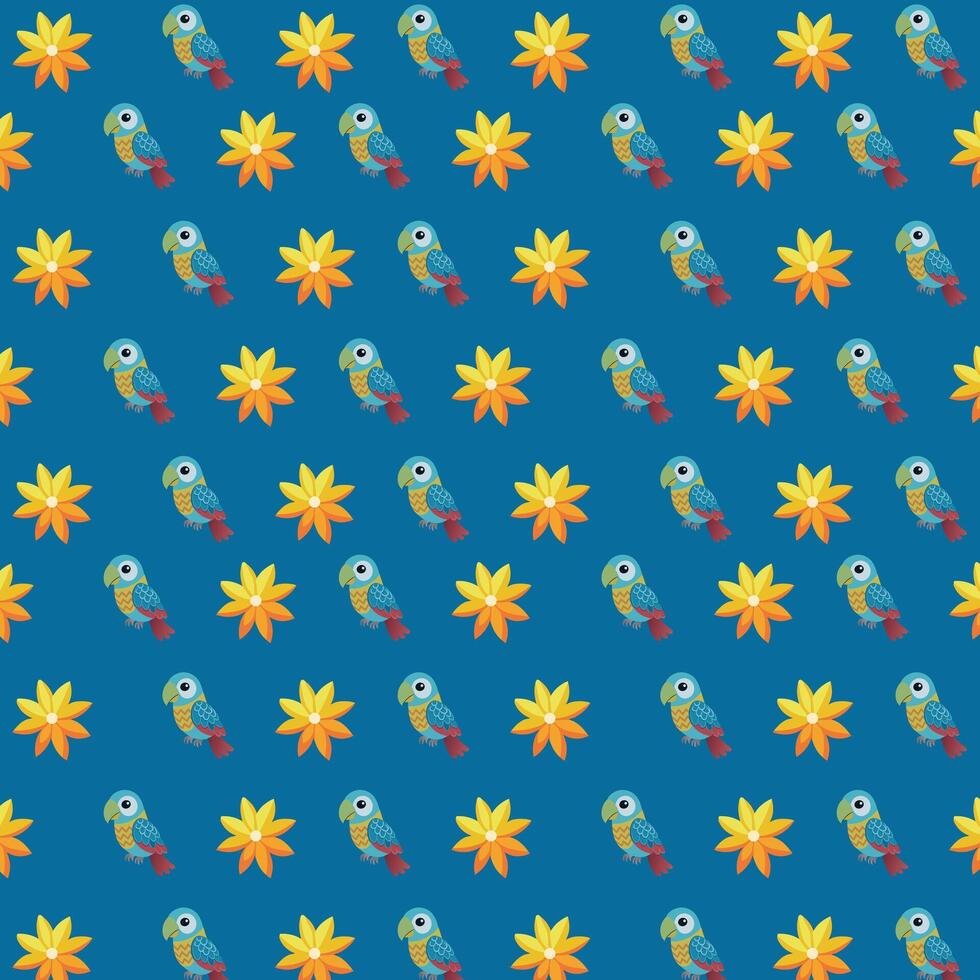 Vibrant Parrots and Tropical Flowers in Repeating Pattern on Blue Background vector