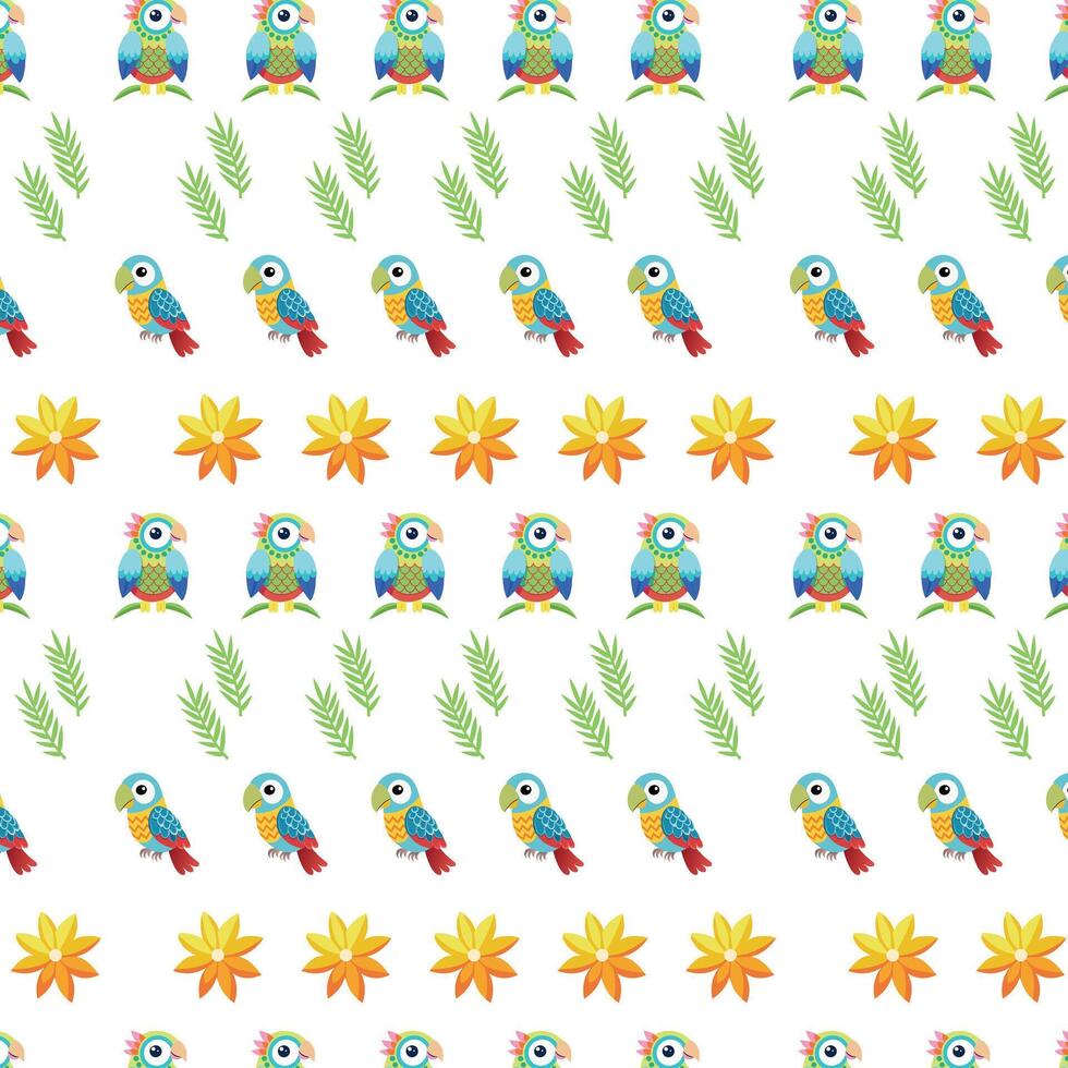Vibrant Parrots and Tropical Flowers in Repeating Pattern on White vector