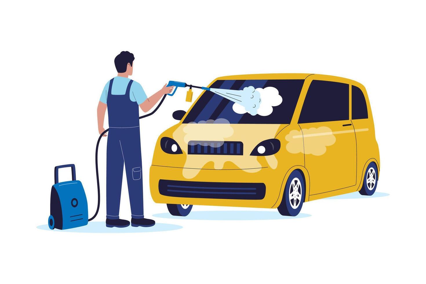 Flat Illustration of Car Wash Worker Cleaning a Small Yellow Vehicle with Pressure Washer vector