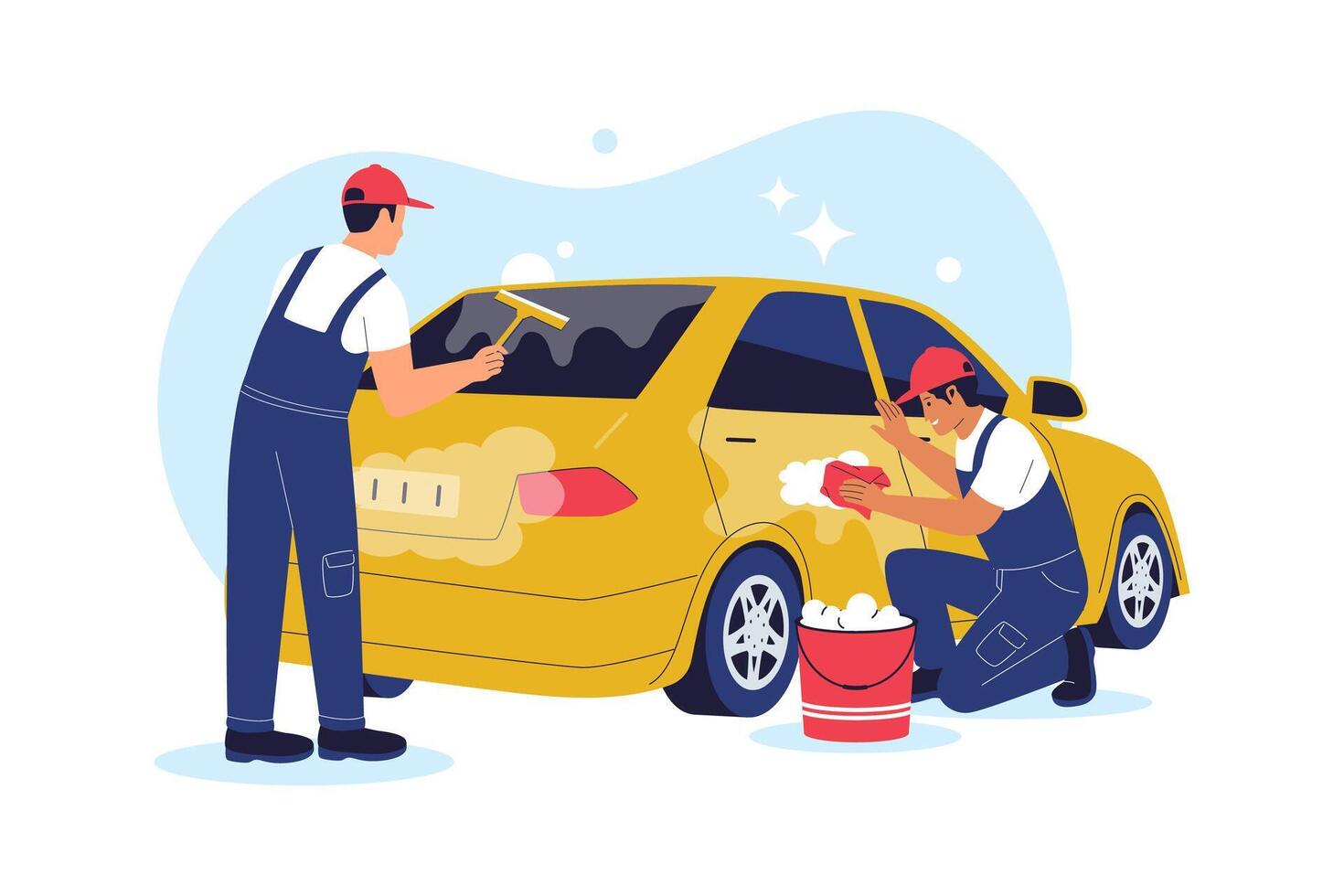 Flat Illustration of Car Wash Workers Cleaning Rear Side of Vehicle vector