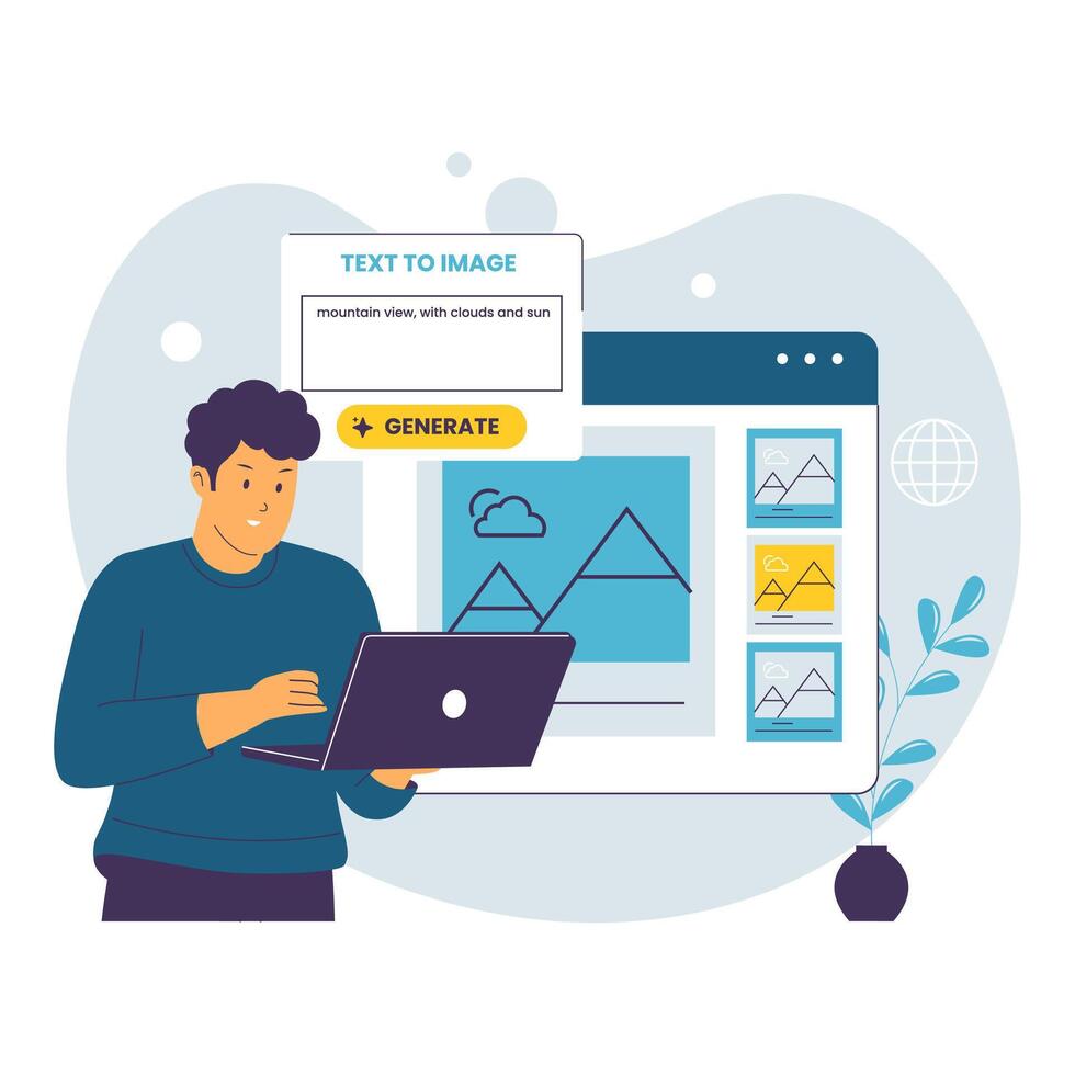 Flat Illustration of Man Using AI Text to Image Generator vector