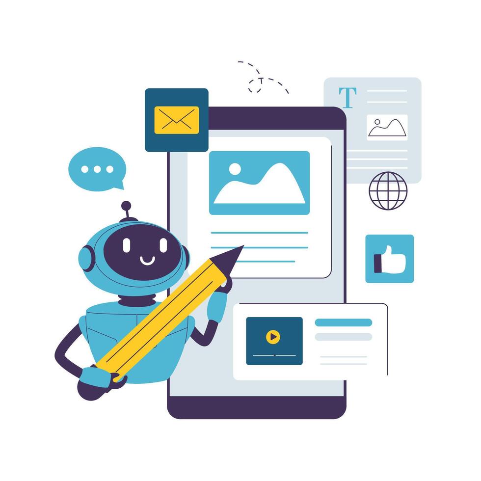 Flat Illustration of a AI Robot Generating Digital Content vector