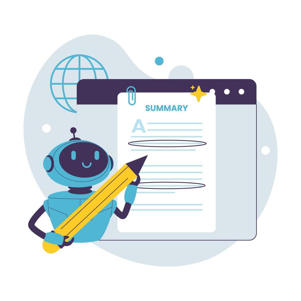 Flat Illustration of AI Robot Generating Automatic Text Summaries on Digital Document vector