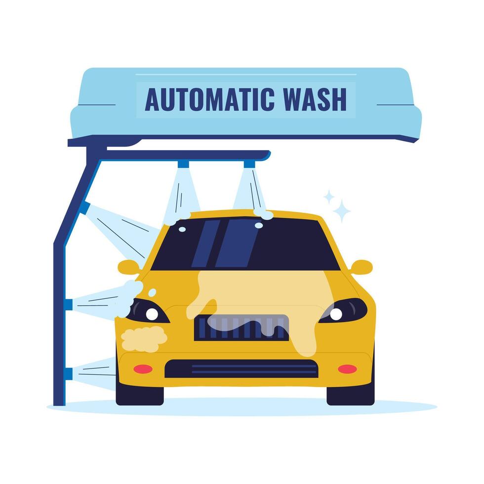 Flat Illustration of Automatic Car Wash System with Yellow Vehicle vector