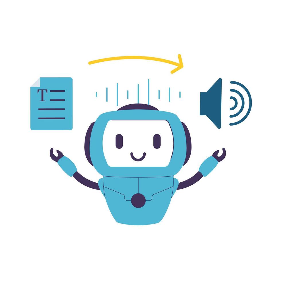 Flat Illustration of AI Robot Converting Text Document into Speech Output vector