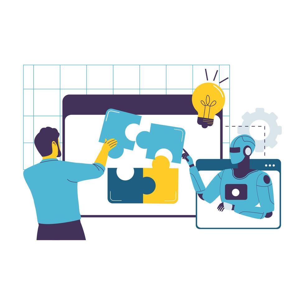 Flat Illustration of Human and AI Robot Collaborating to Solve a Problem Together vector