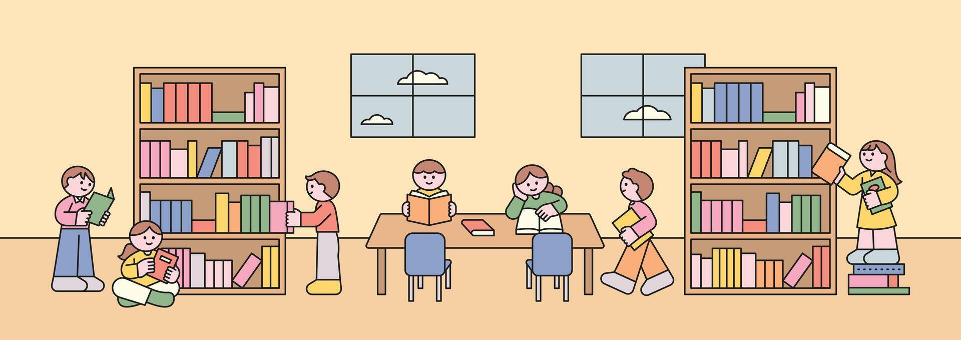 Children reading and exploring books in a cozy library filled with colorful shelves. vector
