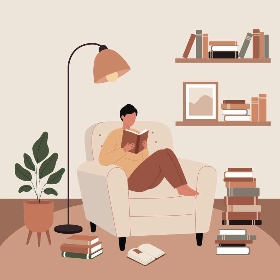 Man enjoying quiet reading time in warm home corner vector