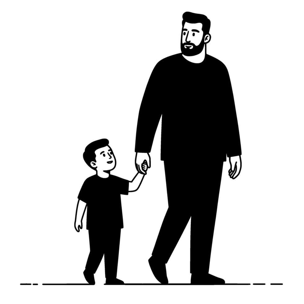 Father and Son Walking, Monochrome Line Art vector