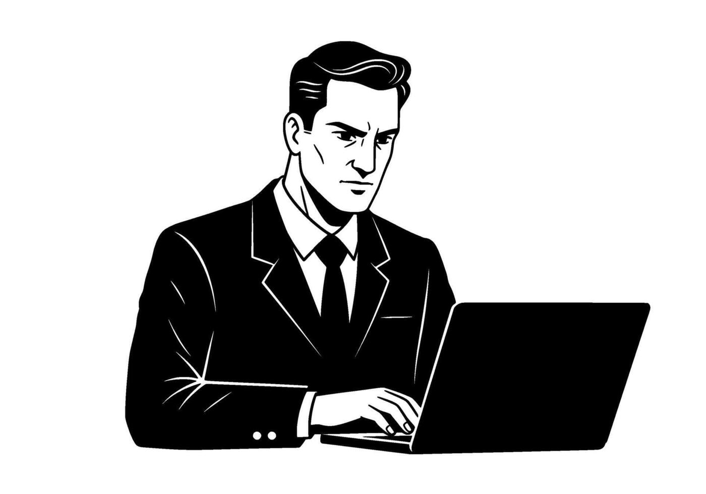 Serious Businessman Laptop Work Monochrome vector
